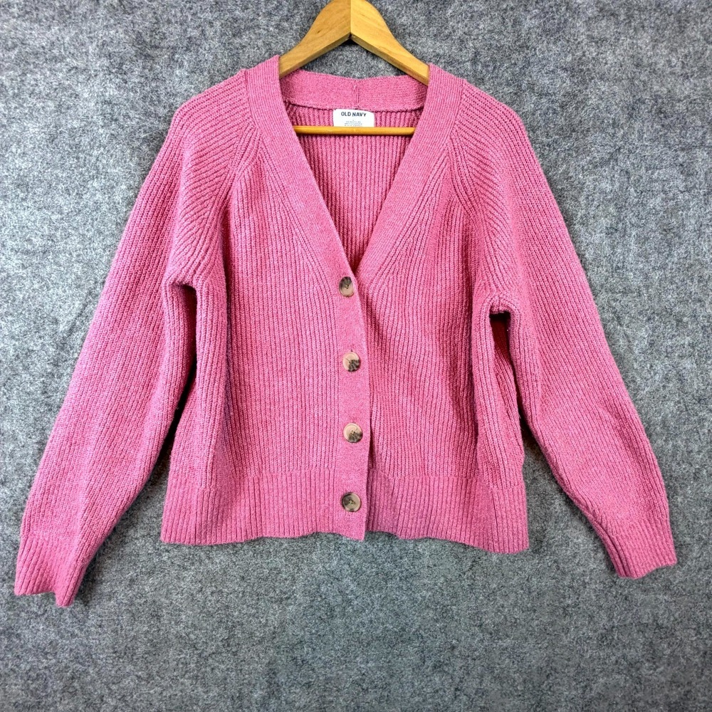 Old Navy Cardigan Sweater Women Large Pink Ribbed Oversized Slouchy Button Front